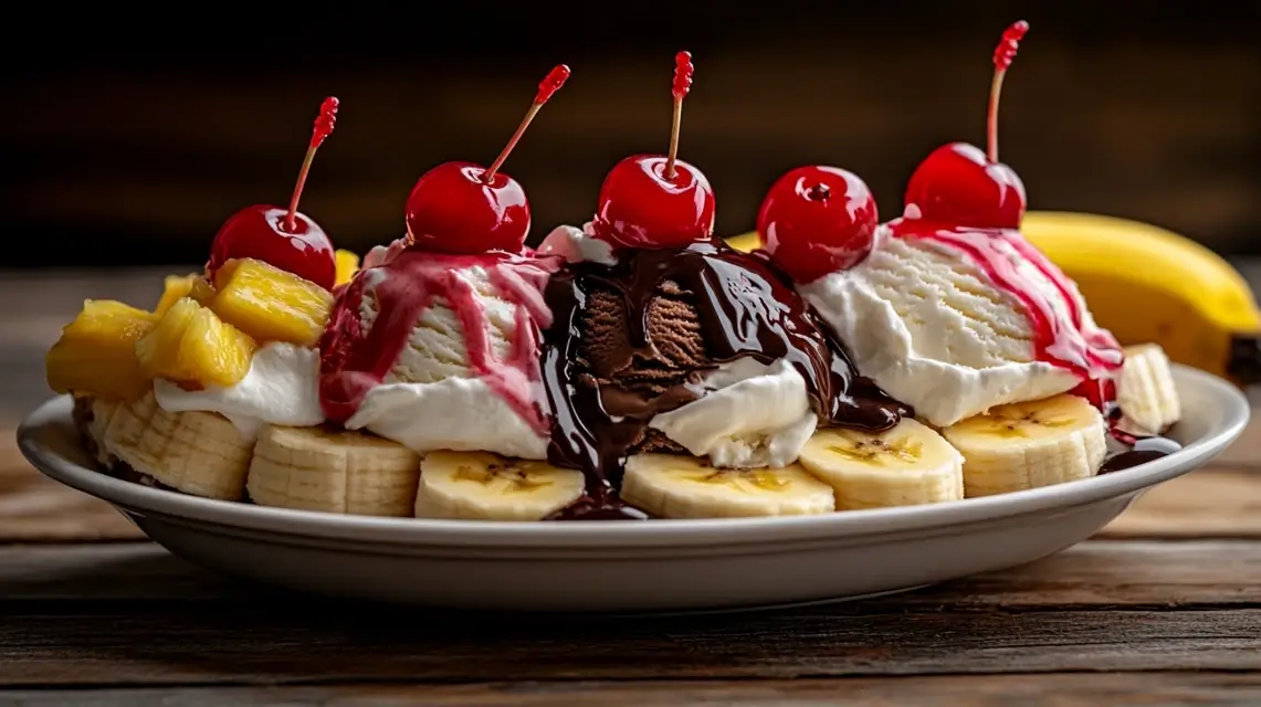 Classic Banana Split Dessert with Ice Cream and Toppings