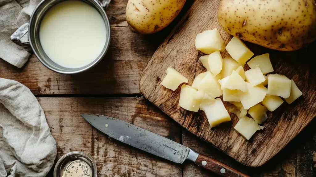  Chopped potatoes, milk, and broth ready for making Potato Soup Recipe