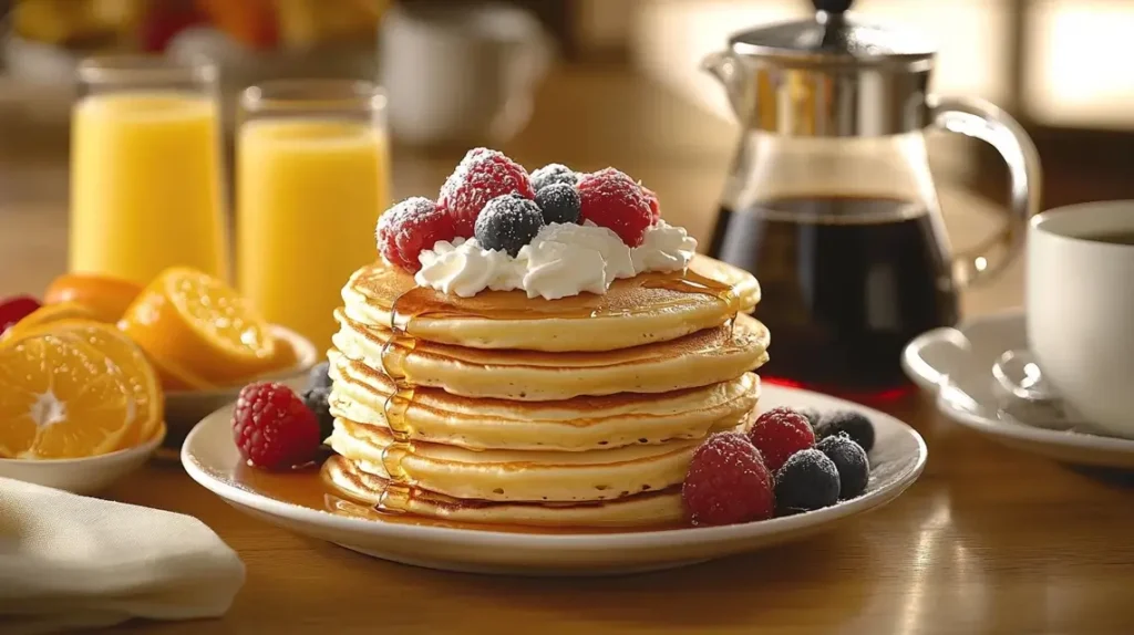 Breakfast table with a variety of buttermilk pancakes and toppings.