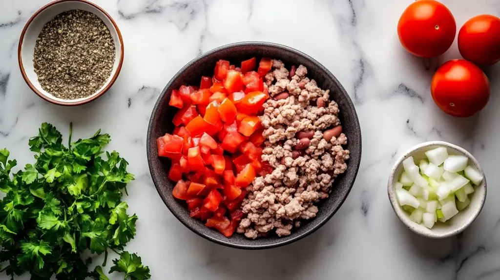 Fresh ingredients for turkey chili recipes on a marble countertop.