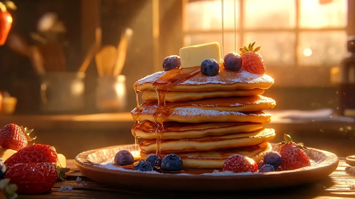 Fluffy buttermilk pancakes stacked with syrup and berries