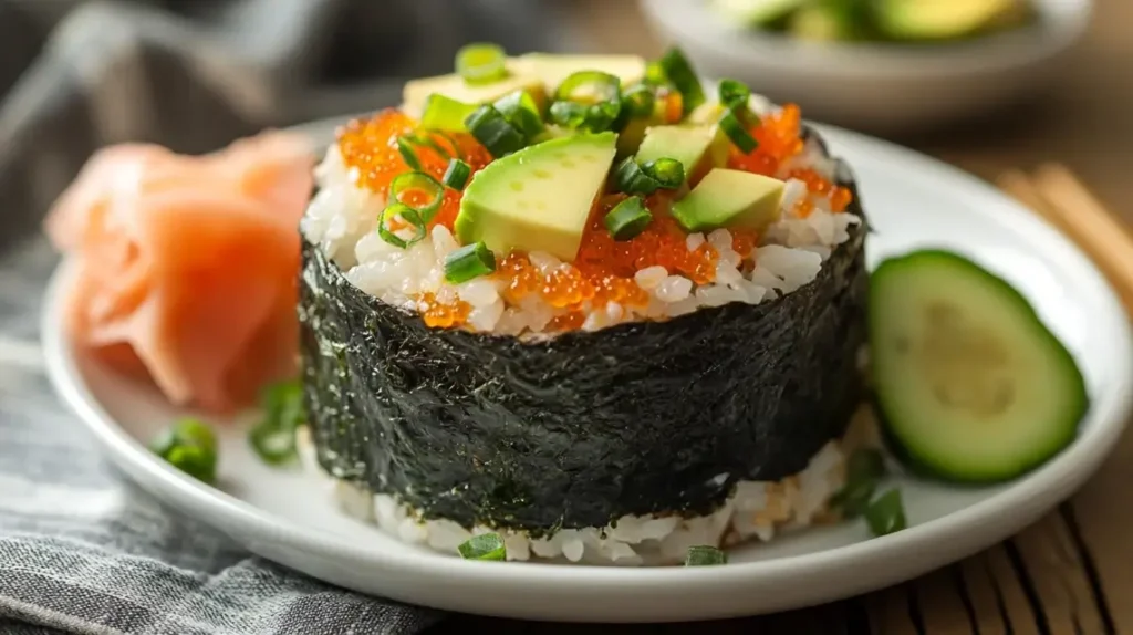 Sushi bake served on a crispy nori sheet with avocado and ginger.