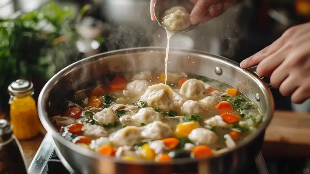 Dumplings being dropped into a pot of simmering chicken soup.