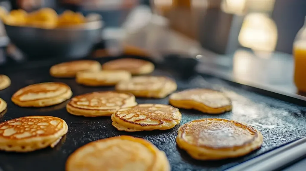 Buttermilk pancake batter cooking on a griddle