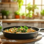 a pan of food on a cutting board