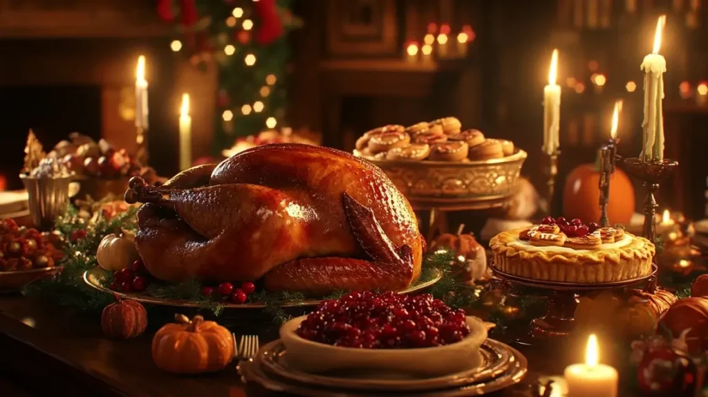 Festive holiday table with seasonal dishes