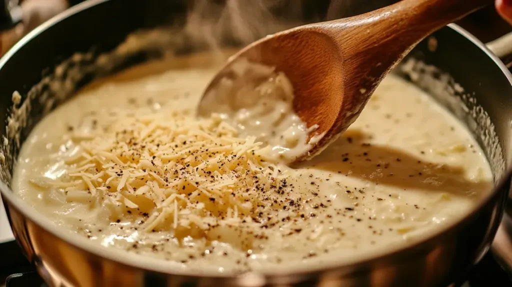 A pot of creamy potato soup being stirred on the stovetop.