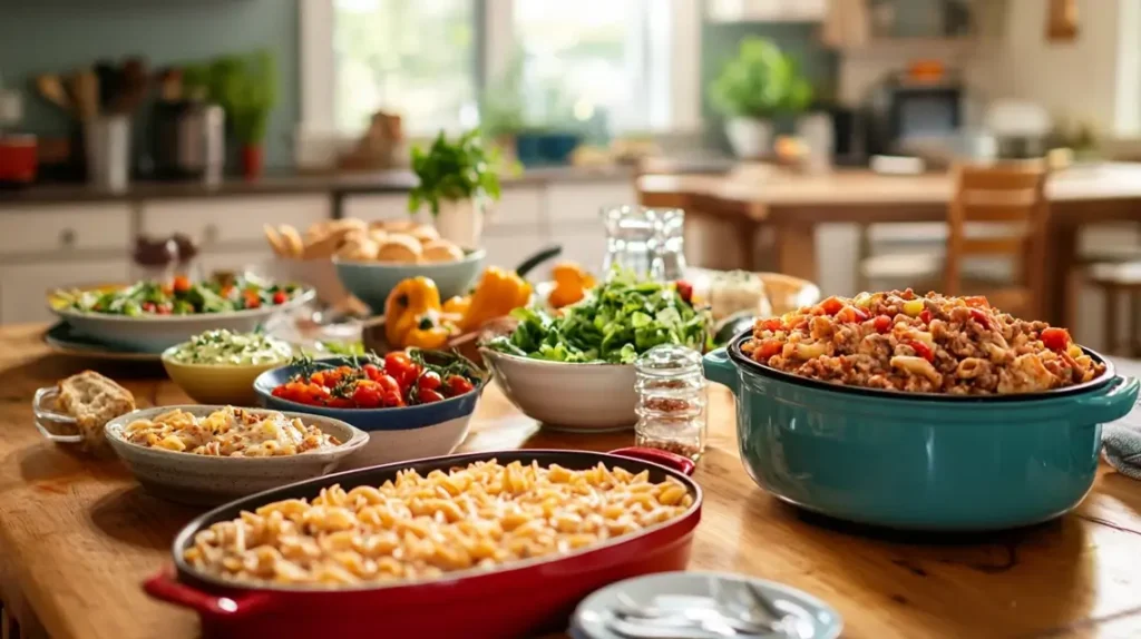 Dinner table with Taste of Home-style dishes