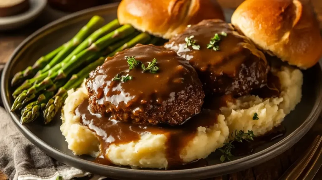 a plate of food with brown gravy and asparagus