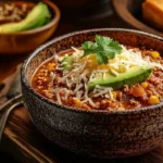 Bowl of turkey chili with cheese and avocado on a wooden table