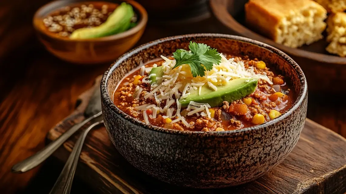 Bowl of turkey chili with cheese and avocado on a wooden table