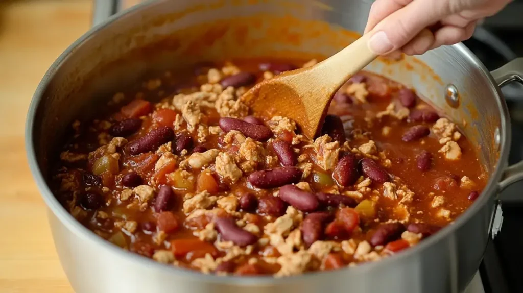 Turkey chili Recipes being stirred in a pot with steam rising: