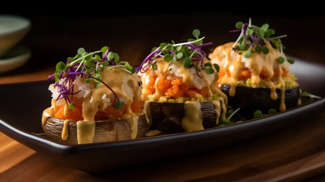 A delicious sushi bake recipe served on crispy nori sheets, drizzled with spicy mayo, topped with tobiko and furikake, and paired with chopsticks and soy sauce.