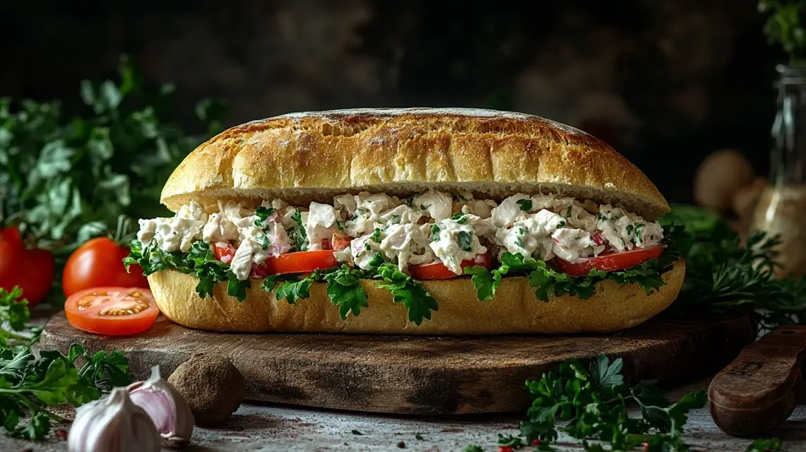 Chicken salad sandwich on sourdough with fresh ingredients.