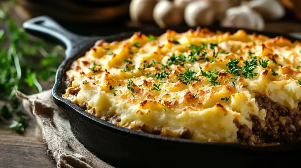 A homemade shepherd’s pie with golden mashed potatoes and seasoned ground beef filling.