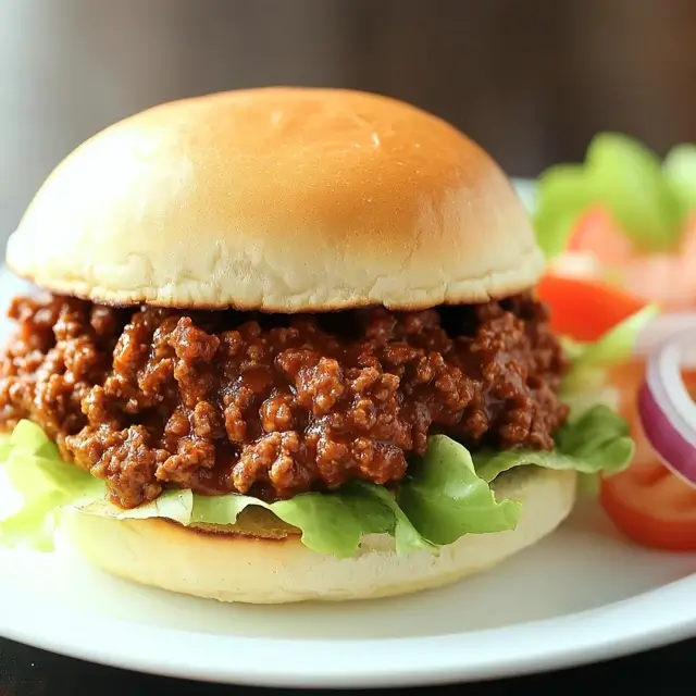 A close-up of a Sloppy Joe sandwich with saucy ground beef spilling out of a soft bun, served on a white plate with a fresh side salad of lettuce, tomatoes, and red onions."

