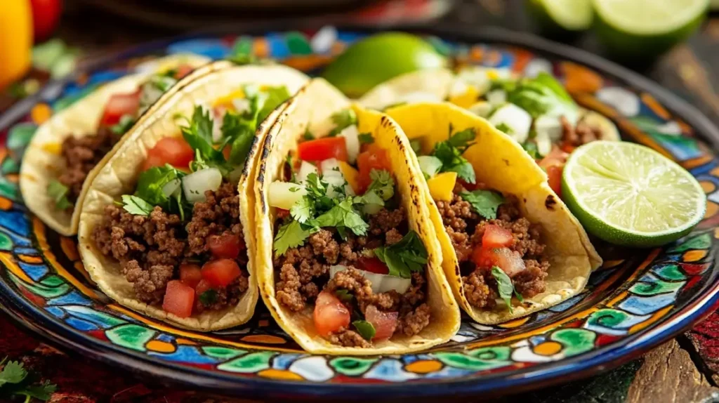 A plate of homemade ground beef tacos with fresh toppings