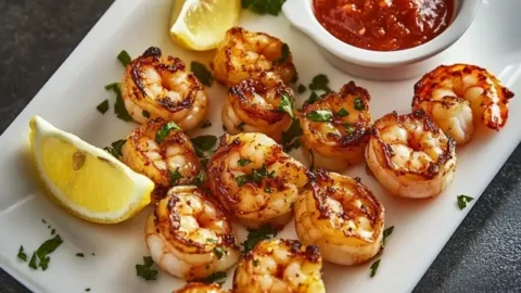 Roasted shrimp cocktail with cocktail sauce and lemon wedges.