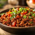 A delicious ground beef dish with fresh herbs, served on a rustic wooden table.