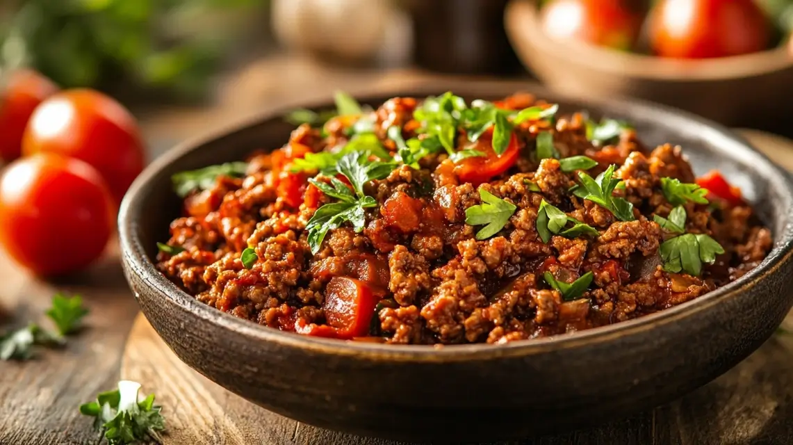 A delicious ground beef dish with fresh herbs, served on a rustic wooden table.