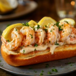 A golden-brown buttered bun topped with plump shrimp in a creamy sauce, garnished with fresh parsley and lemon slices.